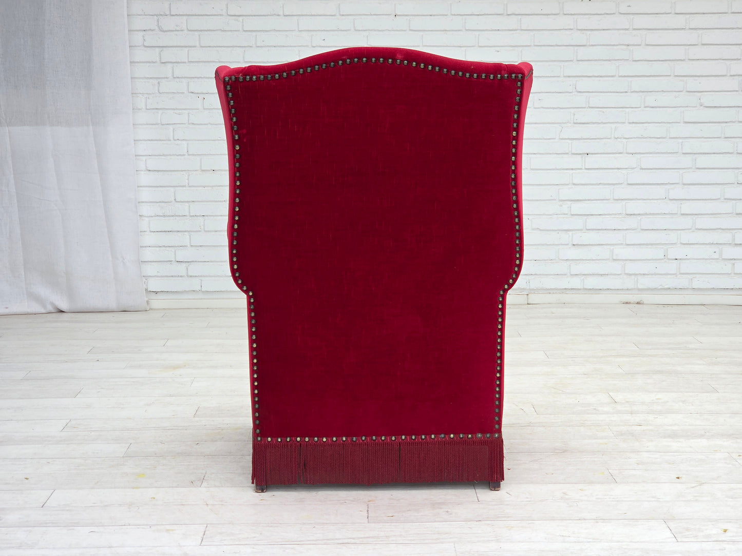 1970s, Danish highback armchair, red furniture velour, ash wood.