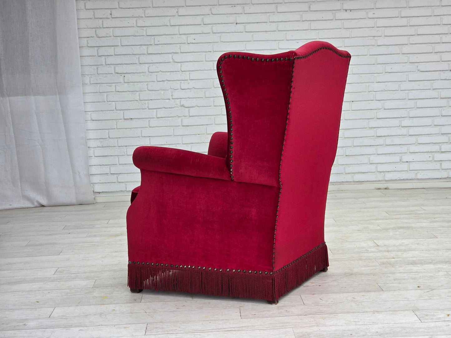 1970s, Danish highback armchair, red furniture velour, ash wood.