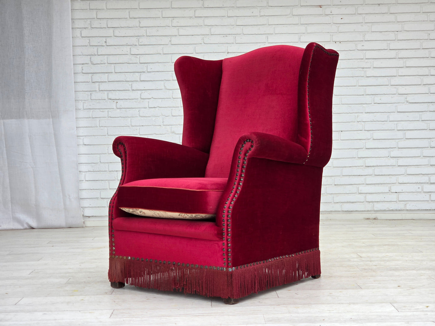 1970s, Danish highback armchair, red furniture velour, ash wood.