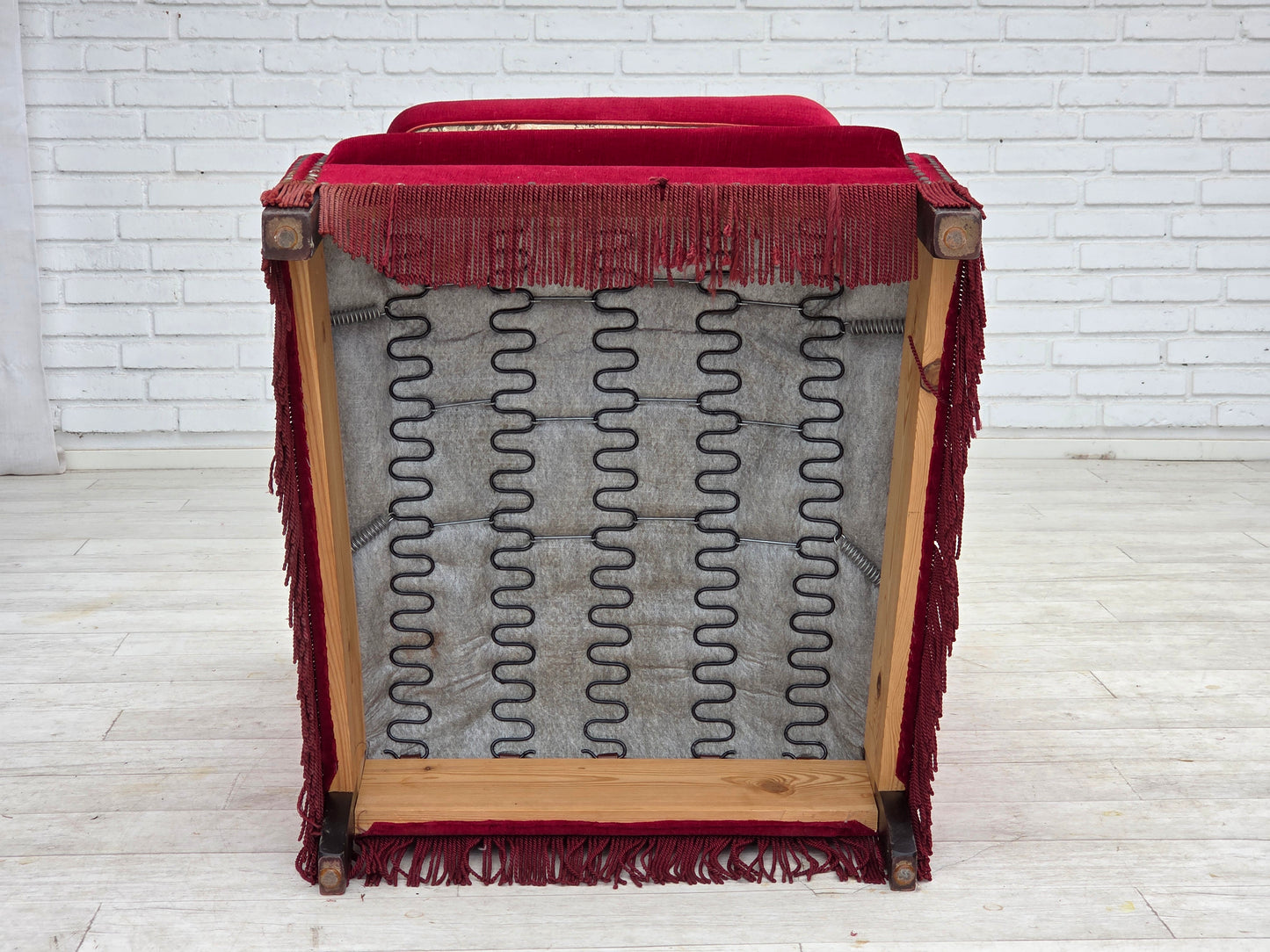 1970s, Danish highback armchair, red furniture velour, ash wood.
