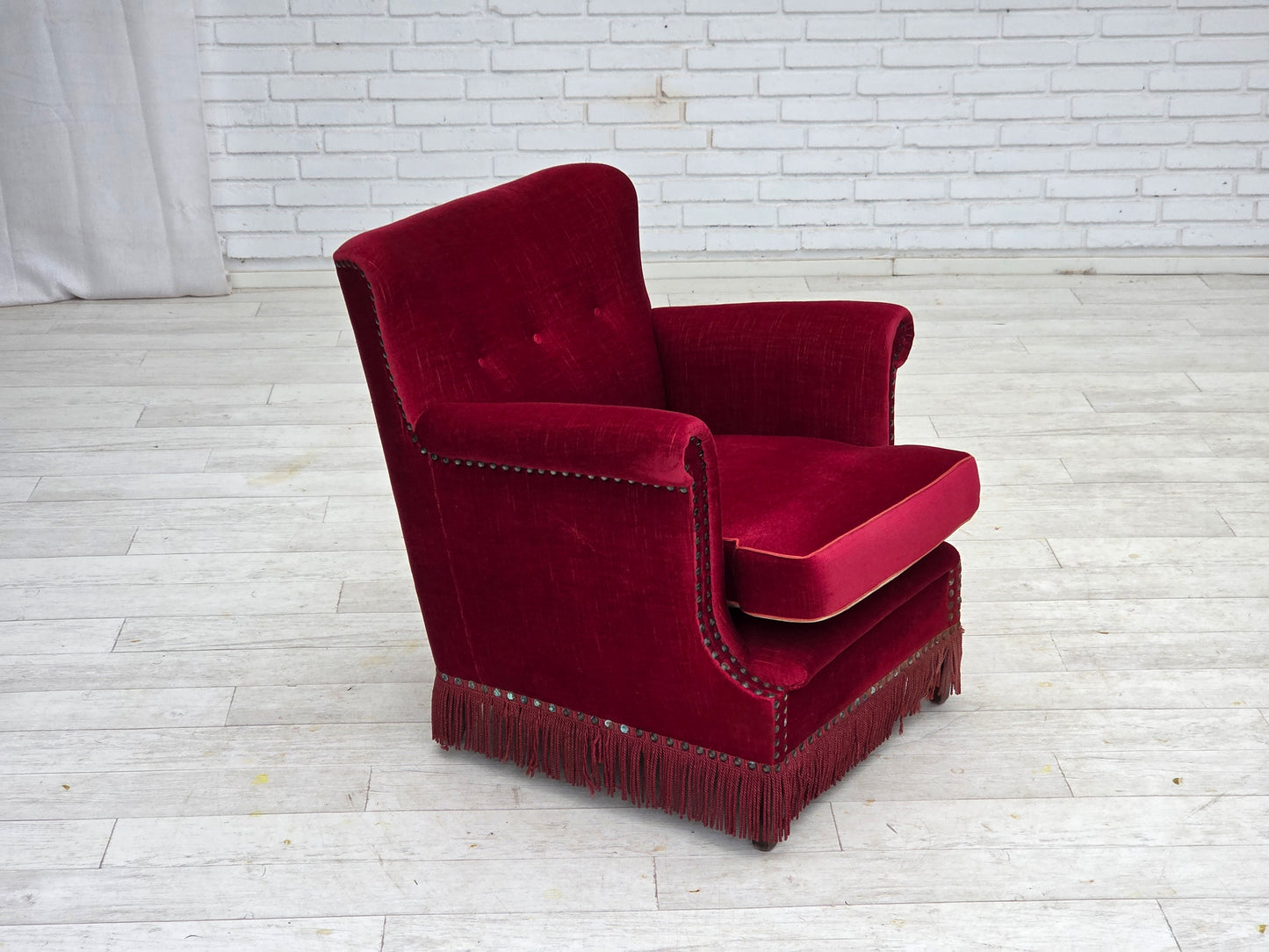 1970s, Danish armchair, red furniture velour, ash wood.