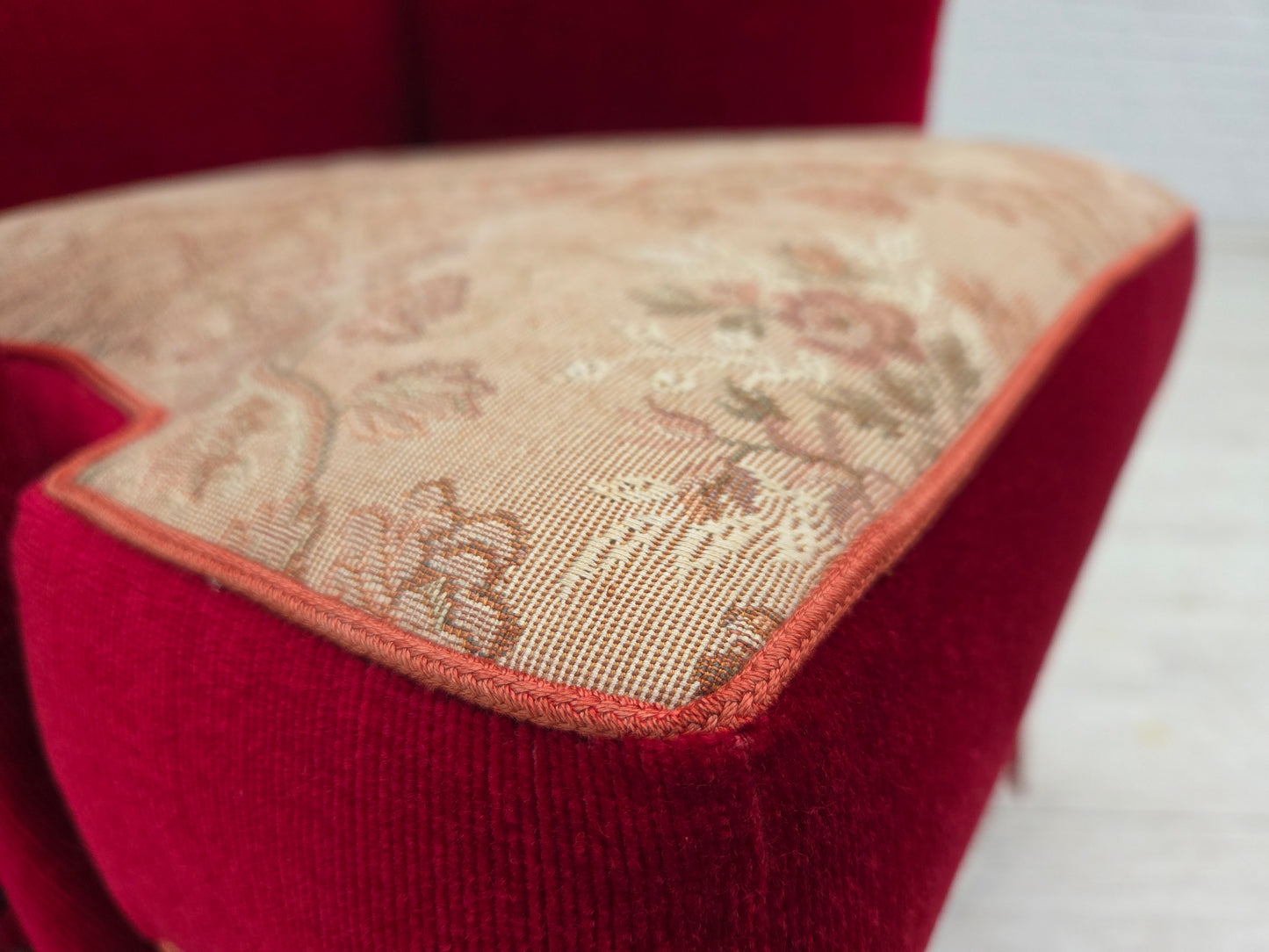 1970s, Danish armchair, red furniture velour, ash wood.