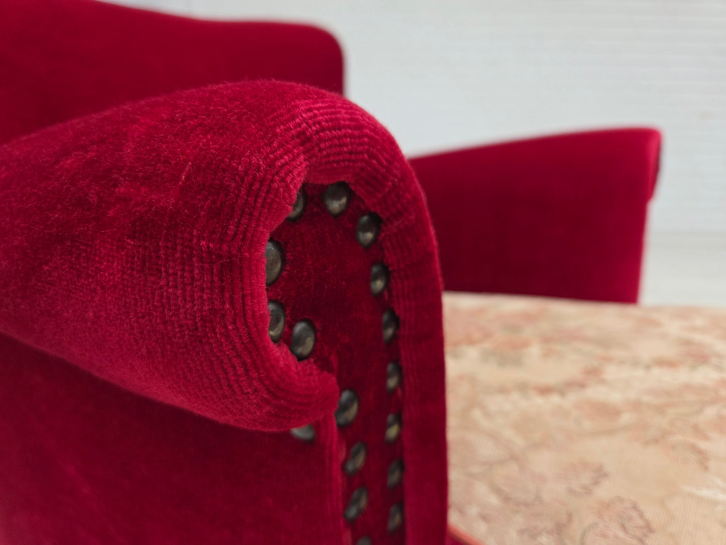 1970s, Danish armchair, red furniture velour, ash wood.