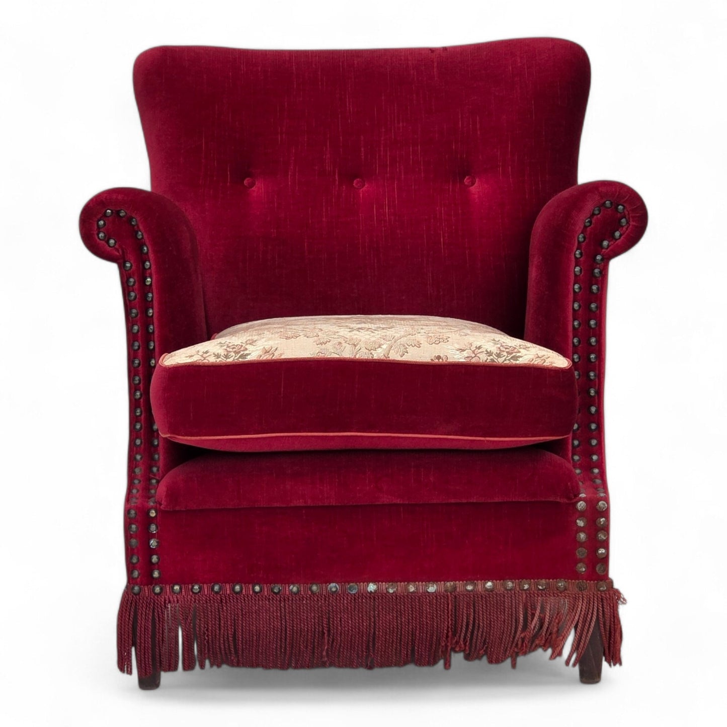 1970s, Danish armchair, red furniture velour, ash wood.