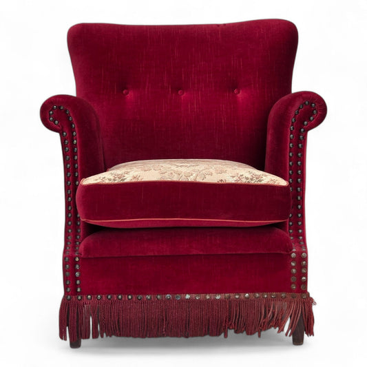 1970s, Danish armchair, red furniture velour, ash wood.
