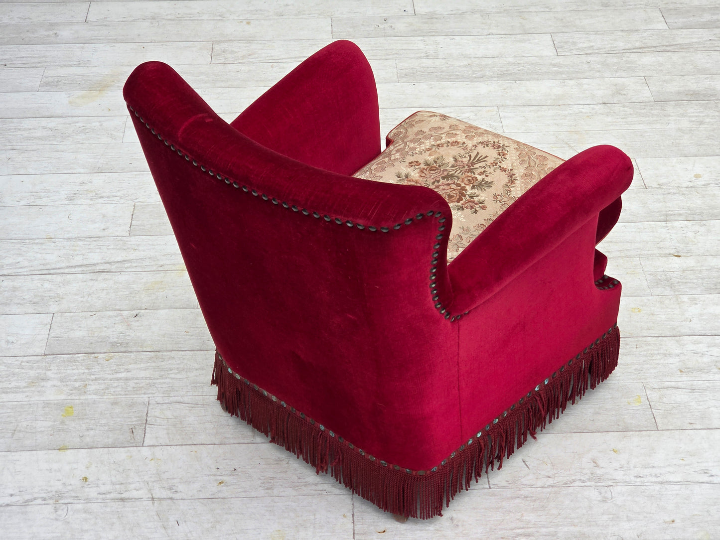 1970s, Danish armchair, red furniture velour, ash wood.