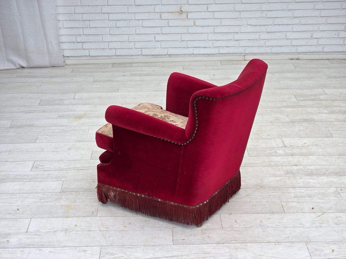 1970s, Danish armchair, red furniture velour, ash wood.