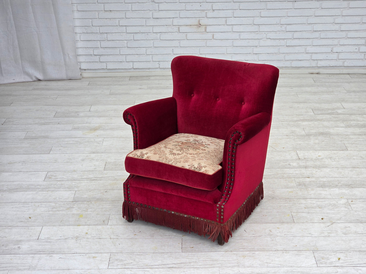 1970s, Danish armchair, red furniture velour, ash wood.