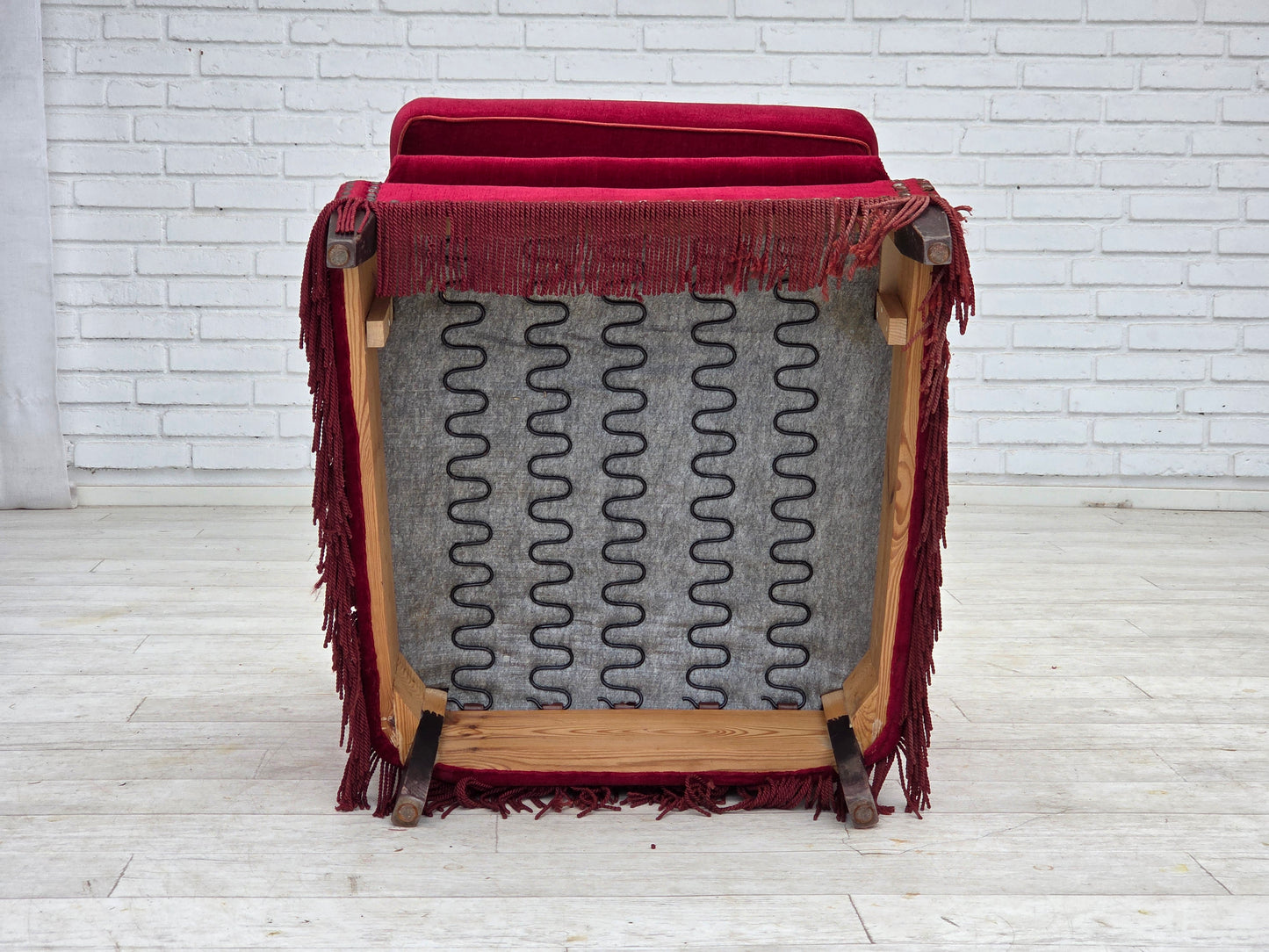 1970s, Danish armchair, red furniture velour, ash wood.