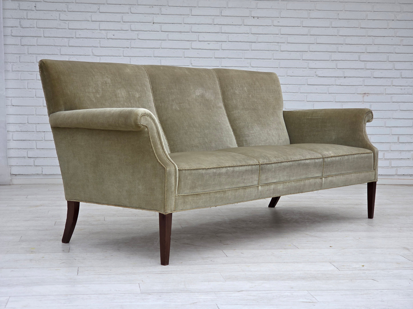 1960s, Danish 3-seater sofa, light green furniture velour.