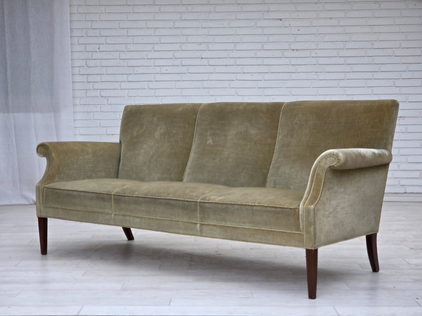 1960s, Danish 3-seater sofa, light green furniture velour.