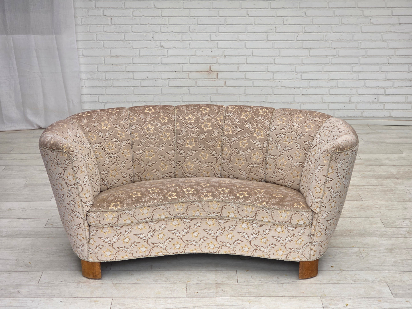 1970s, Danish 2-seater "Banana" sofa, original light green/gray furniture velour.