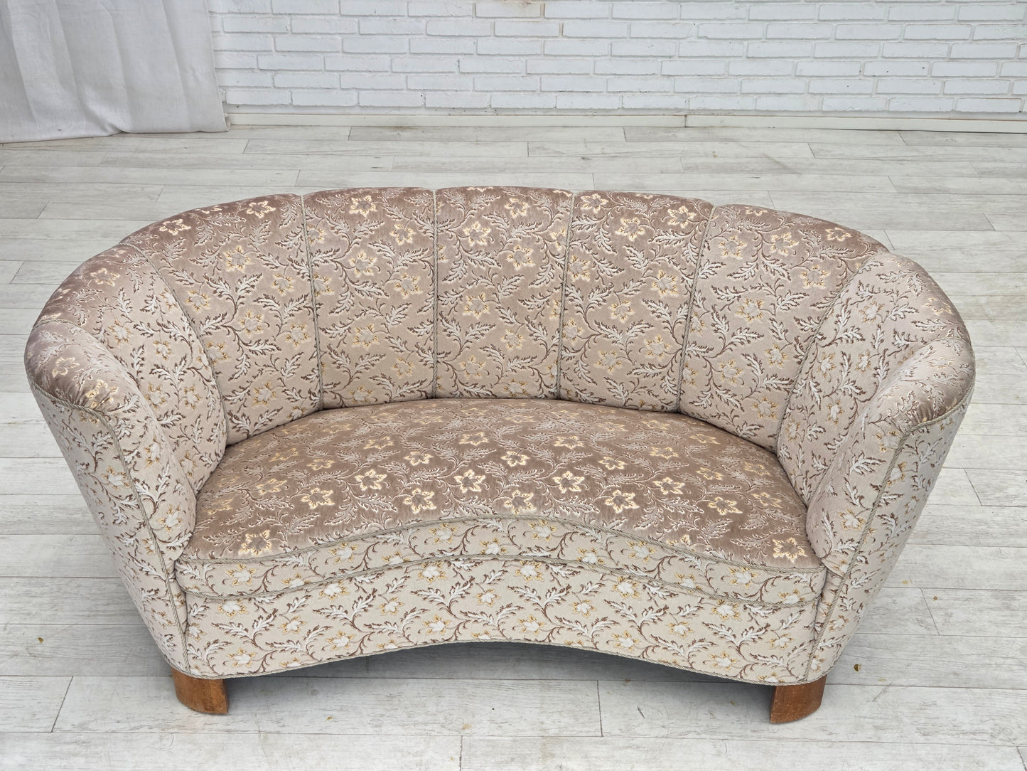 1970s, Danish 2-seater "Banana" sofa, original light green/gray furniture velour.