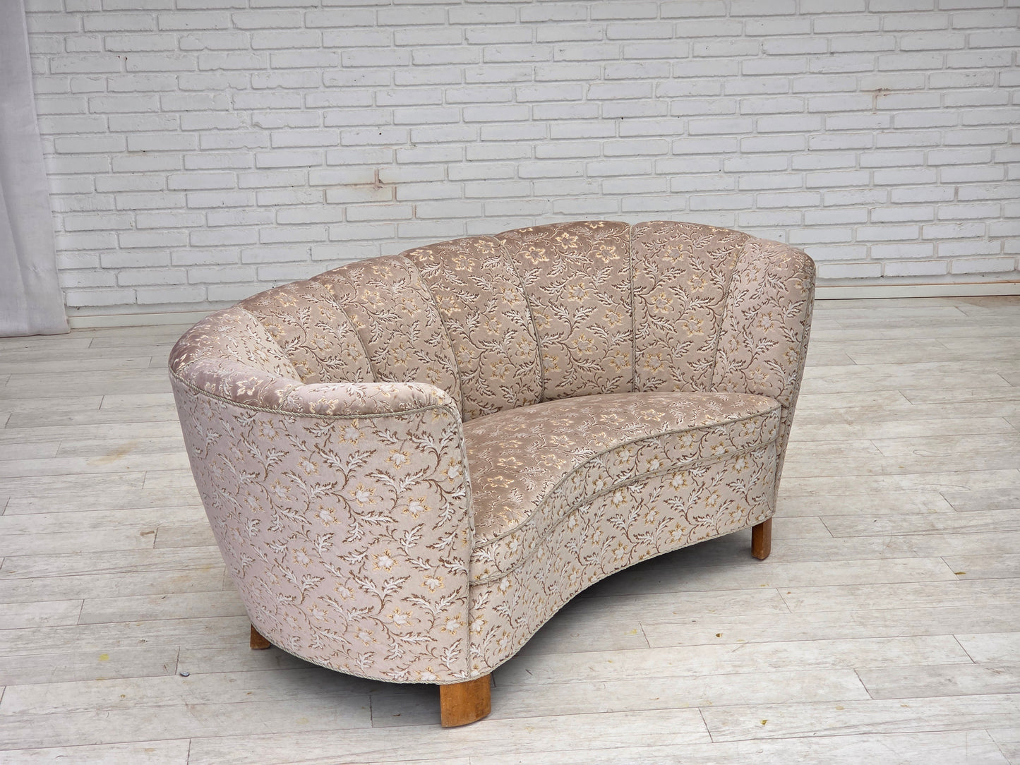 1970s, Danish 2-seater "Banana" sofa, original light green/gray furniture velour.