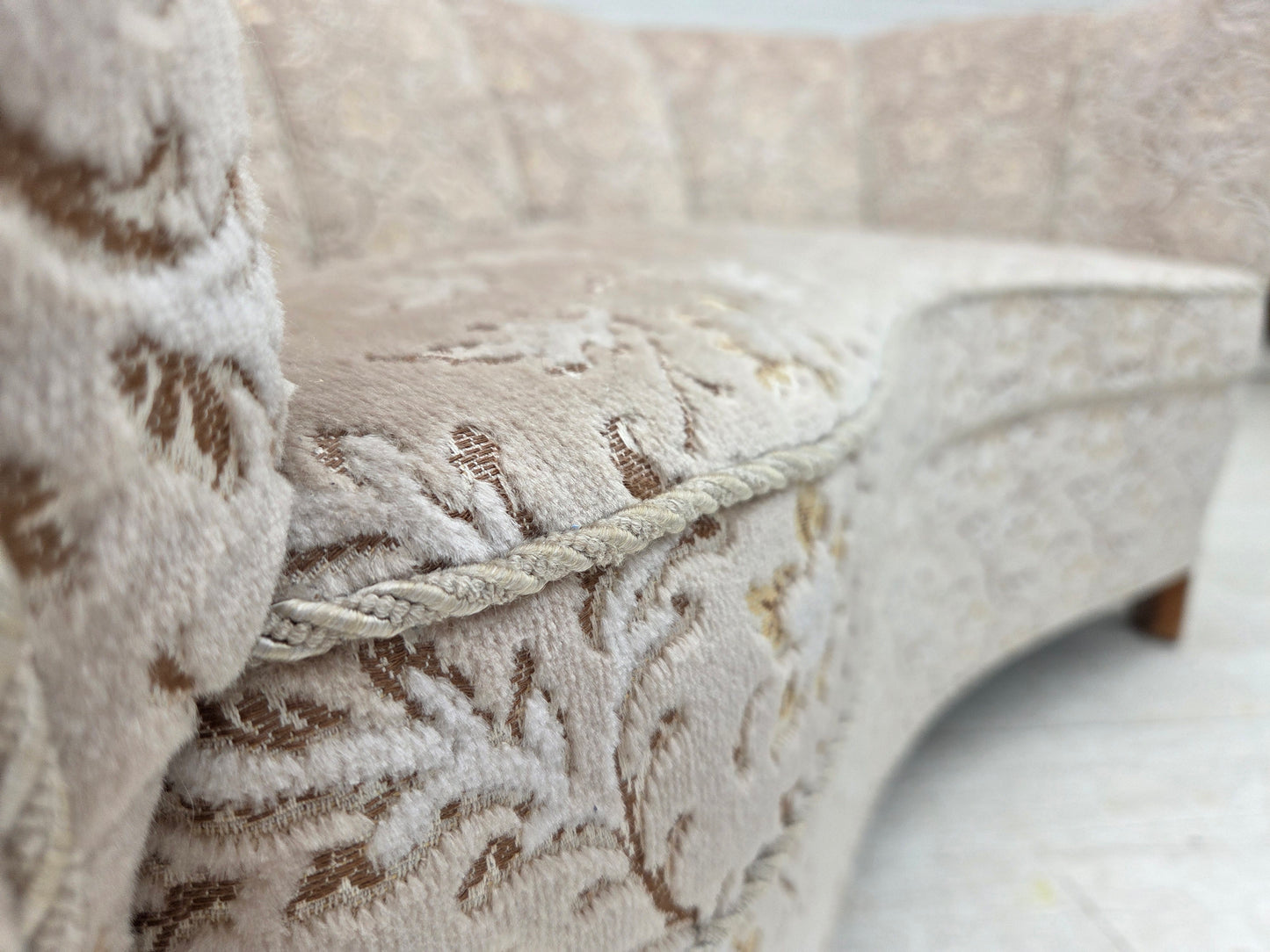 1970s, Danish 2-seater "Banana" sofa, original light green/gray furniture velour.