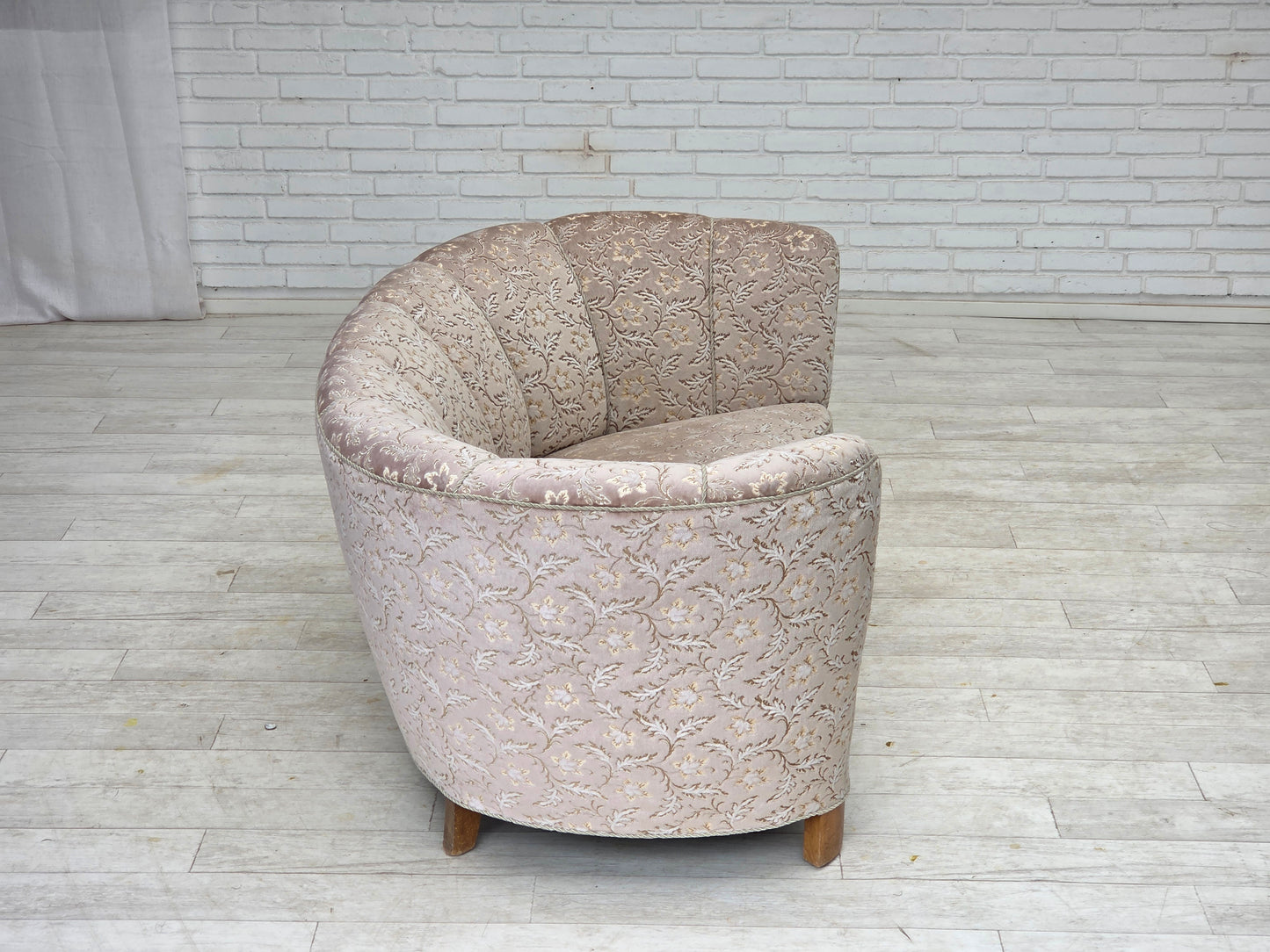 1970s, Danish 2-seater "Banana" sofa, original light green/gray furniture velour.