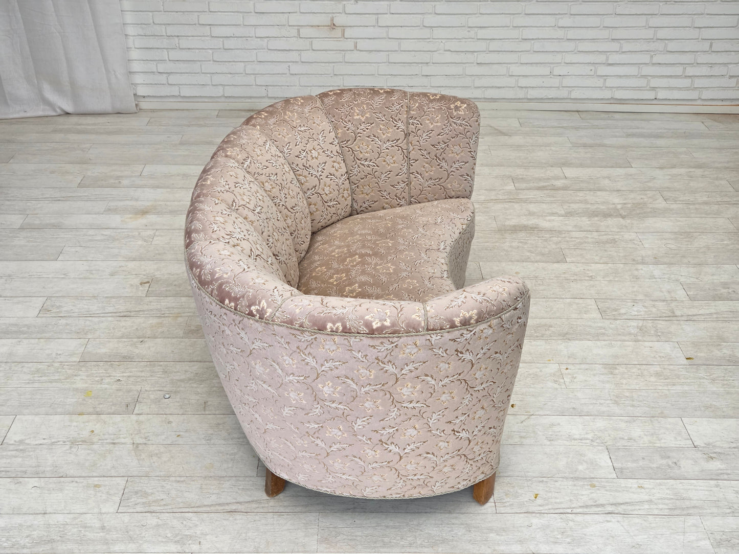 1970s, Danish 2-seater "Banana" sofa, original light green/gray furniture velour.