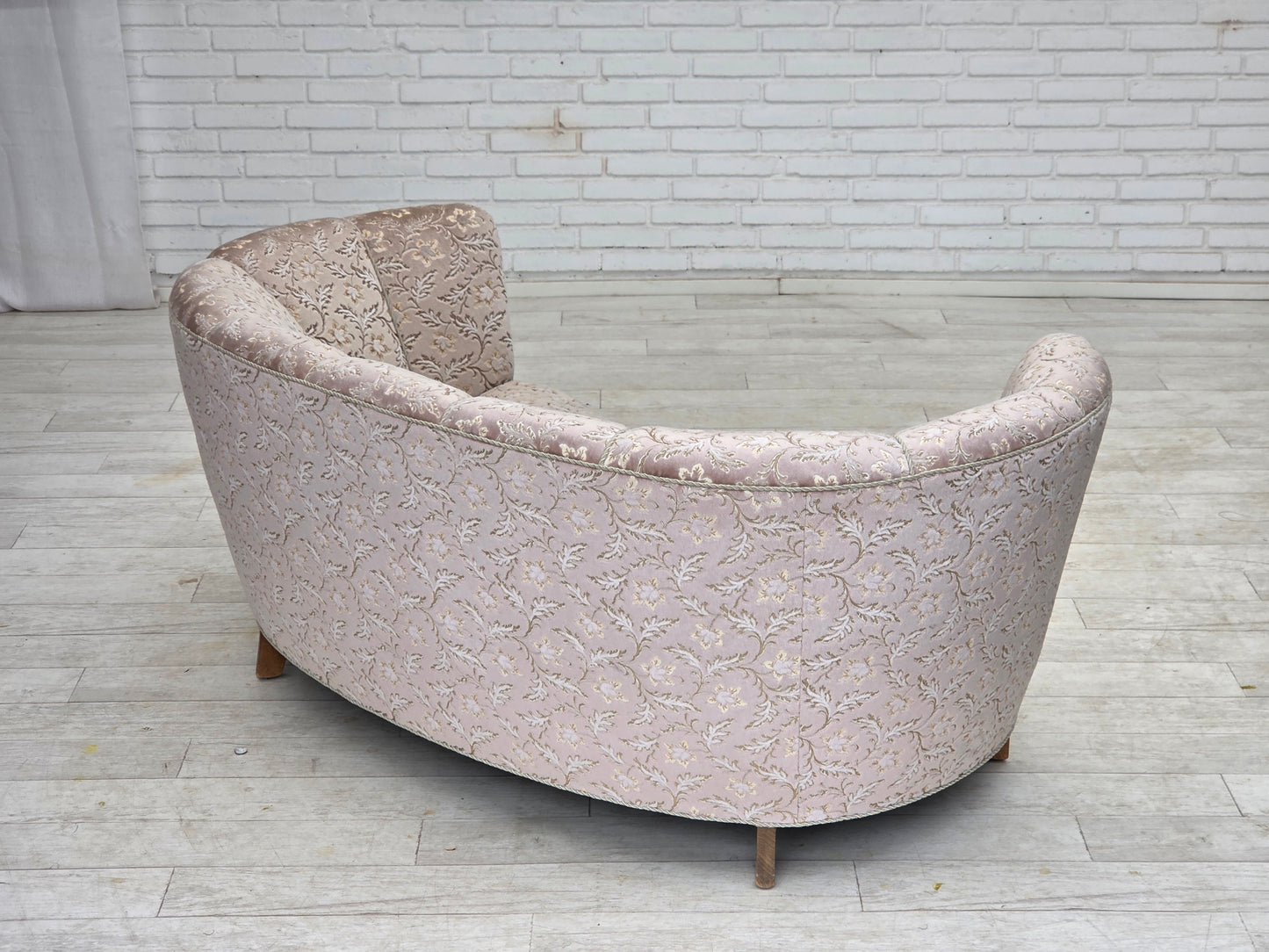 1970s, Danish 2-seater "Banana" sofa, original light green/gray furniture velour.