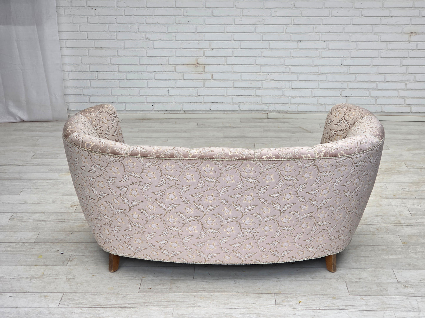 1970s, Danish 2-seater "Banana" sofa, original light green/gray furniture velour.