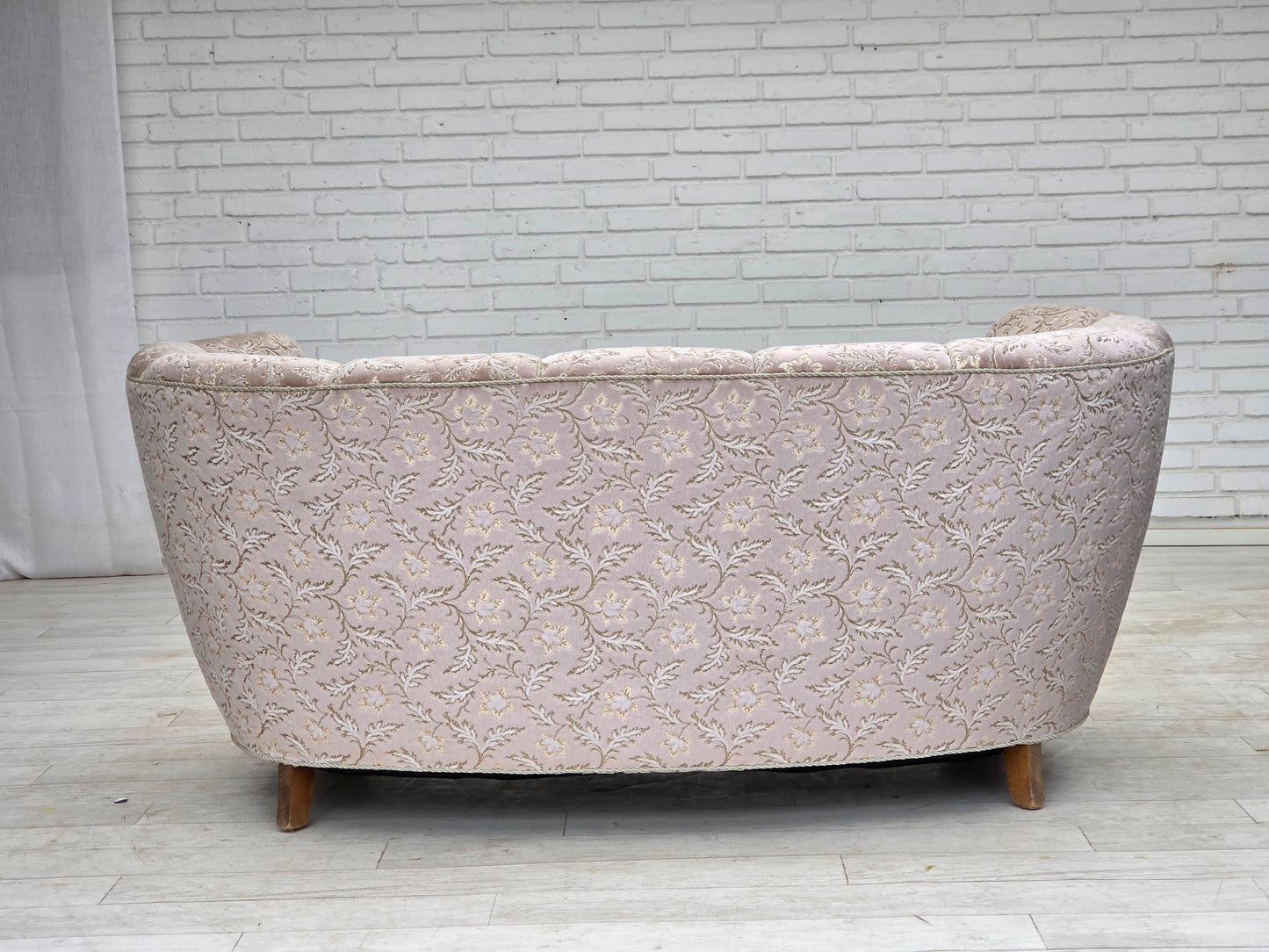 1970s, Danish 2-seater "Banana" sofa, original light green/gray furniture velour.