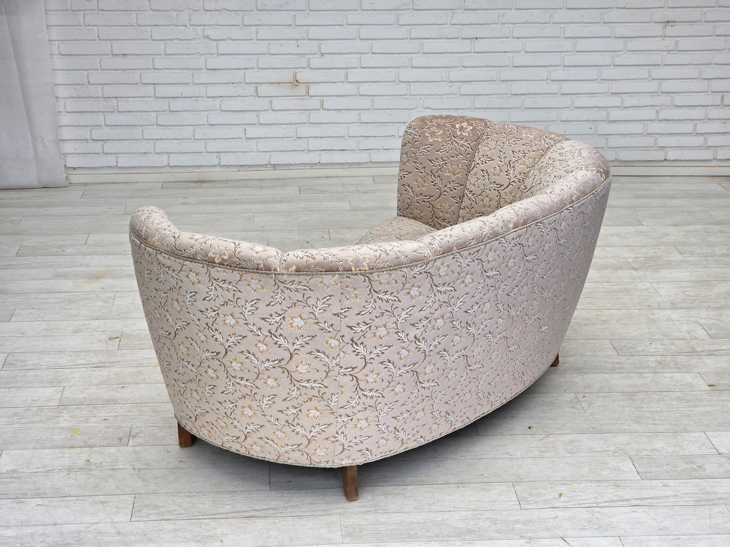 1970s, Danish 2-seater "Banana" sofa, original light green/gray furniture velour.
