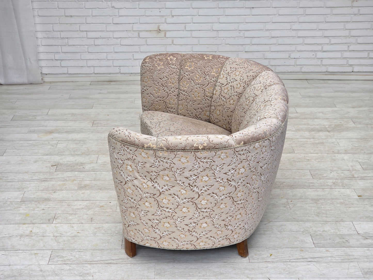 1970s, Danish 2-seater "Banana" sofa, original light green/gray furniture velour.