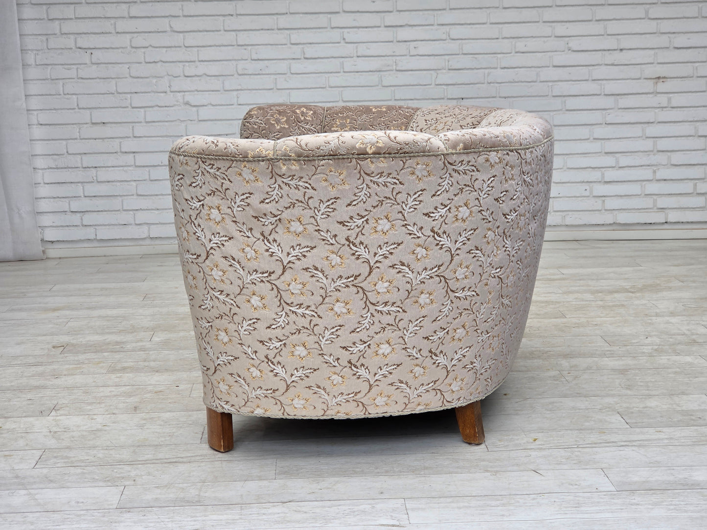 1970s, Danish 2-seater "Banana" sofa, original light green/gray furniture velour.