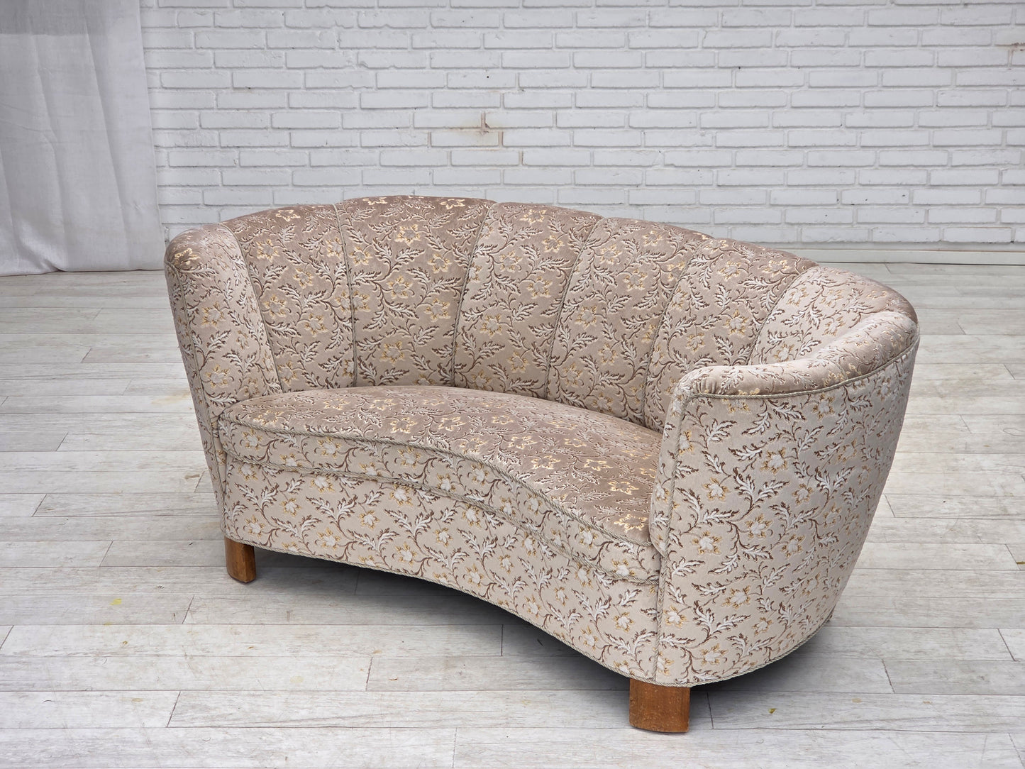1970s, Danish 2-seater "Banana" sofa, original light green/gray furniture velour.