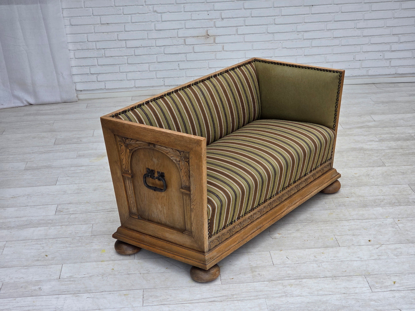 1950s, Danish 2-seater sofa, original striped green furniture wool, oak wood.