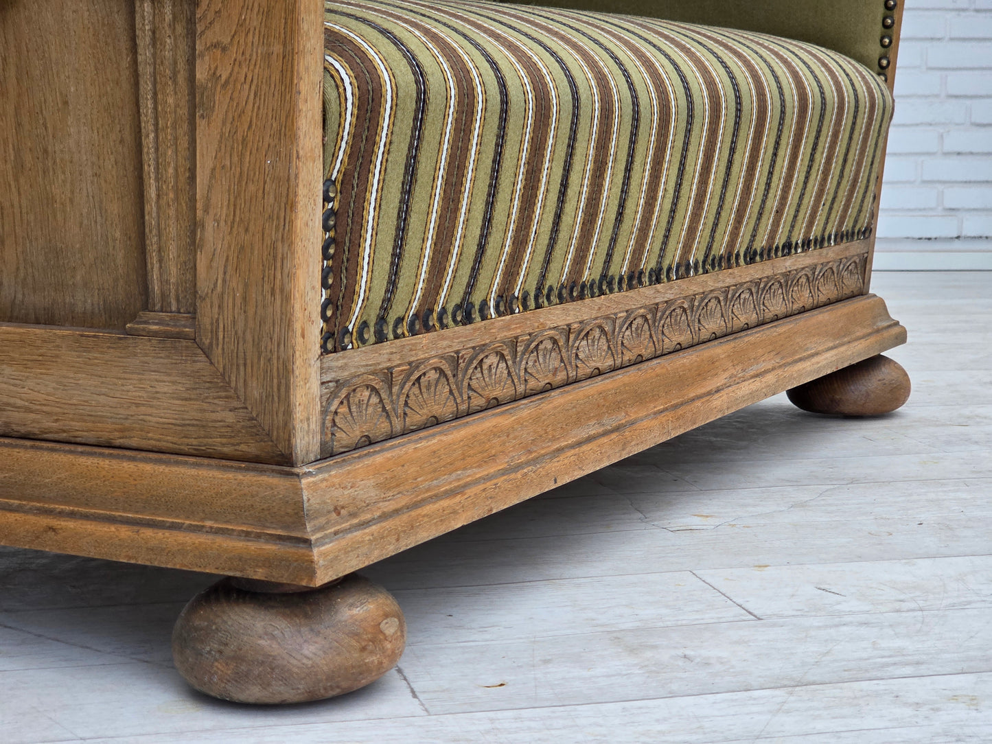 1950s, Danish 2-seater sofa, original striped green furniture wool, oak wood.