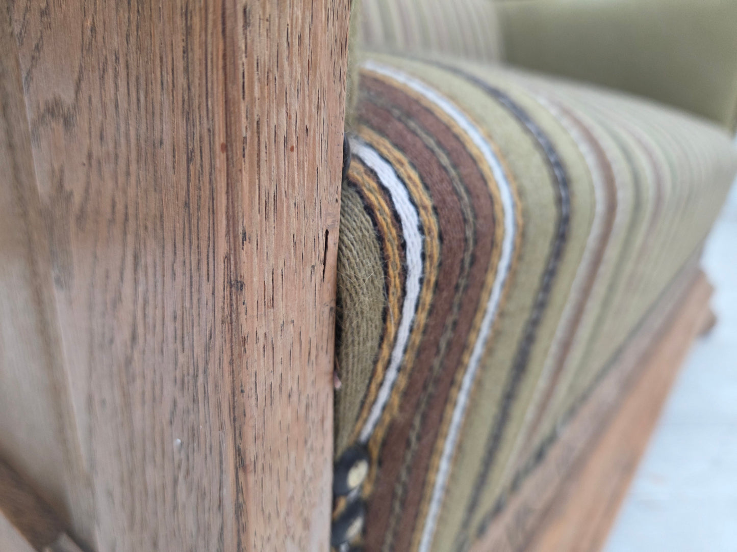 1950s, Danish 2-seater sofa, original striped green furniture wool, oak wood.