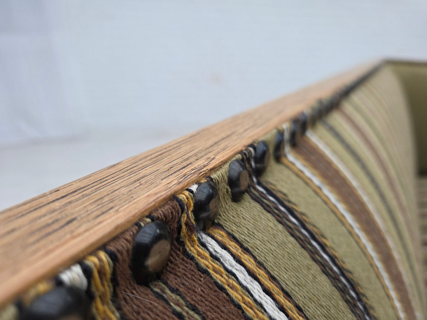 1950s, Danish 2-seater sofa, original striped green furniture wool, oak wood.
