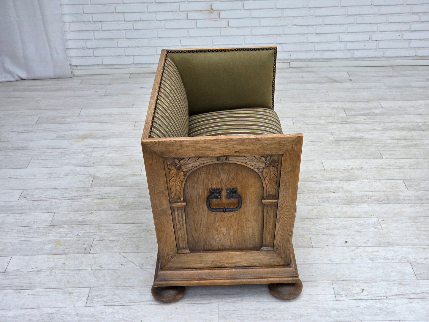 1950s, Danish 2-seater sofa, original striped green furniture wool, oak wood.