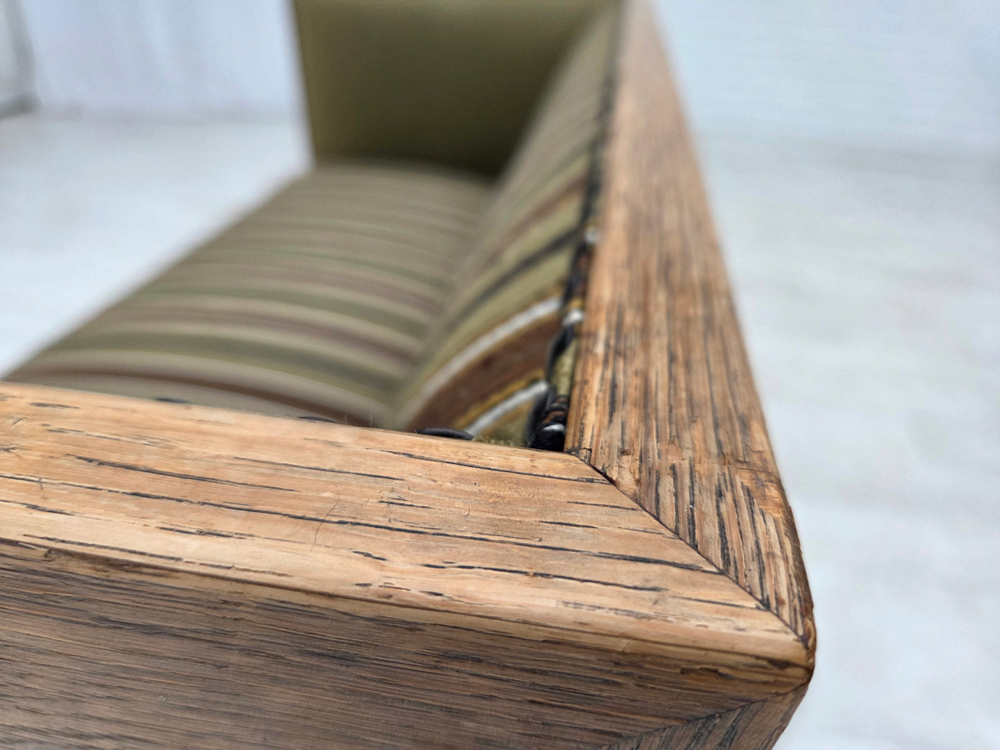 1950s, Danish 2-seater sofa, original striped green furniture wool, oak wood.