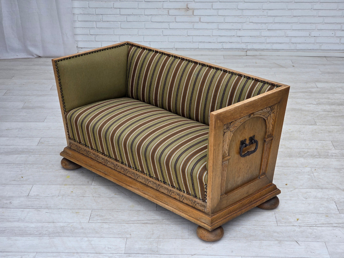 1950s, Danish 2-seater sofa, original striped green furniture wool, oak wood.