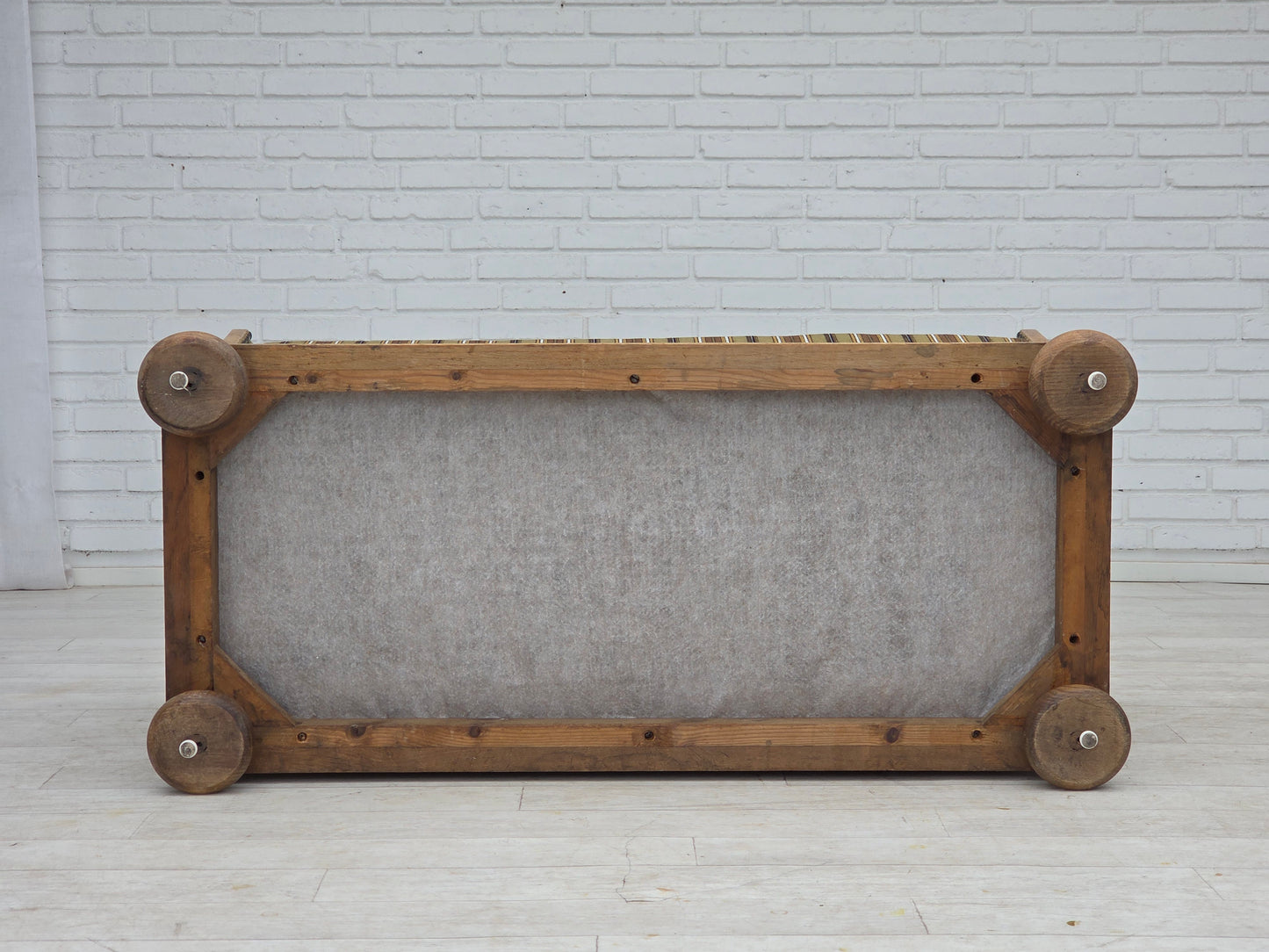 1950s, Danish 2-seater sofa, original striped green furniture wool, oak wood.
