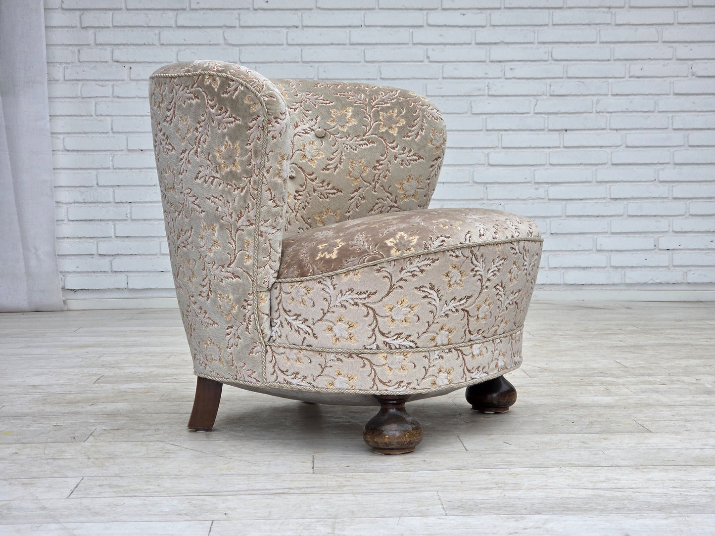 1970s, Danish curved armchair, original light green/gray furniture velour.