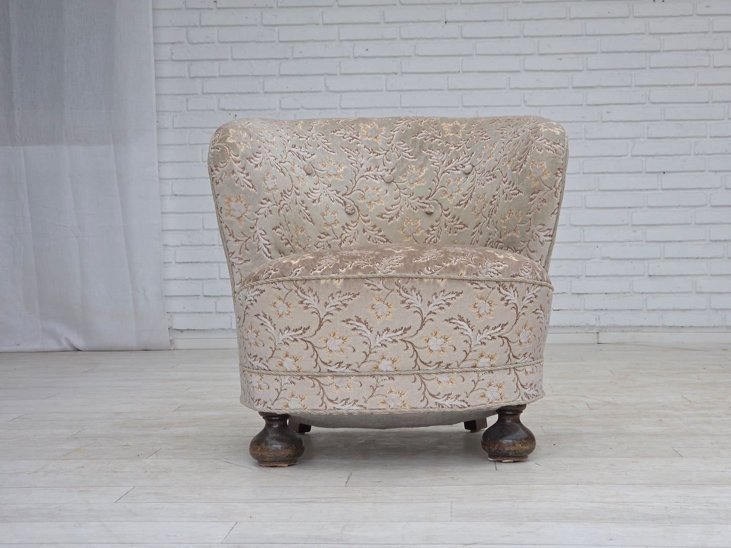 1970s, Danish curved armchair, original light green/gray furniture velour.
