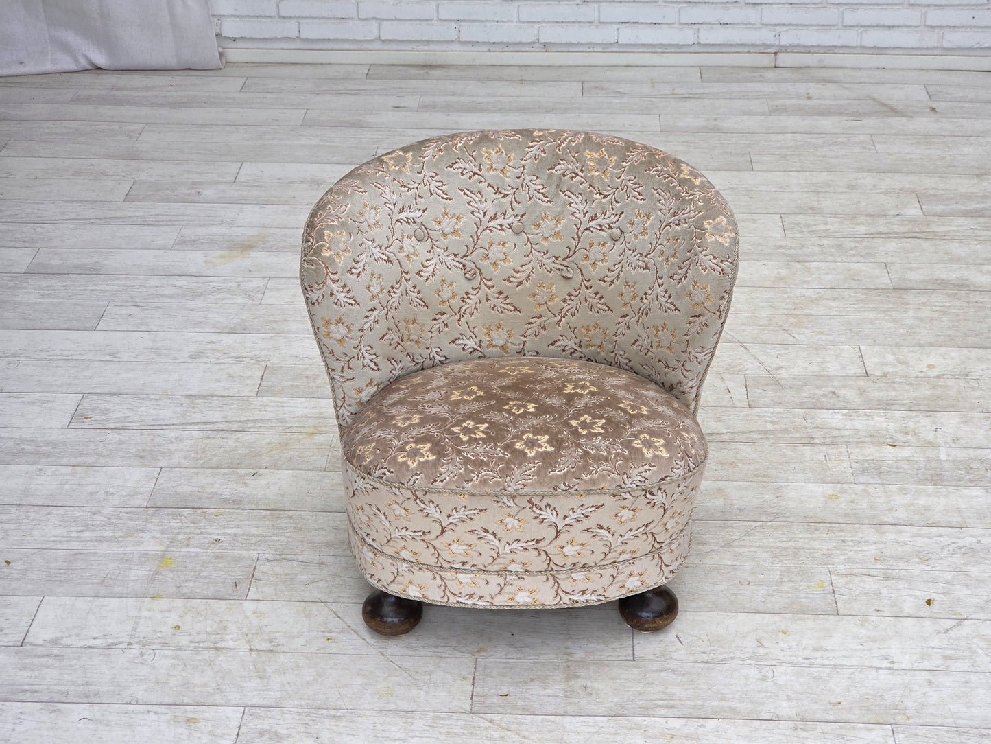 1970s, Danish curved armchair, original light green/gray furniture velour.