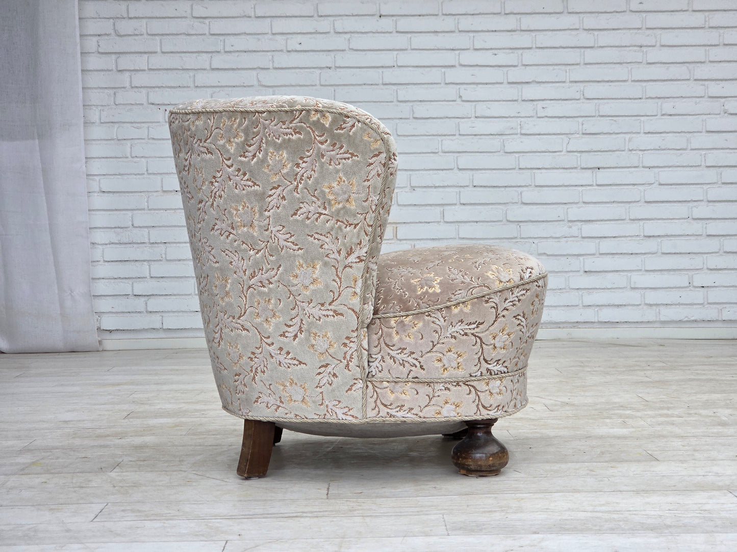 1970s, Danish curved armchair, original light green/gray furniture velour.