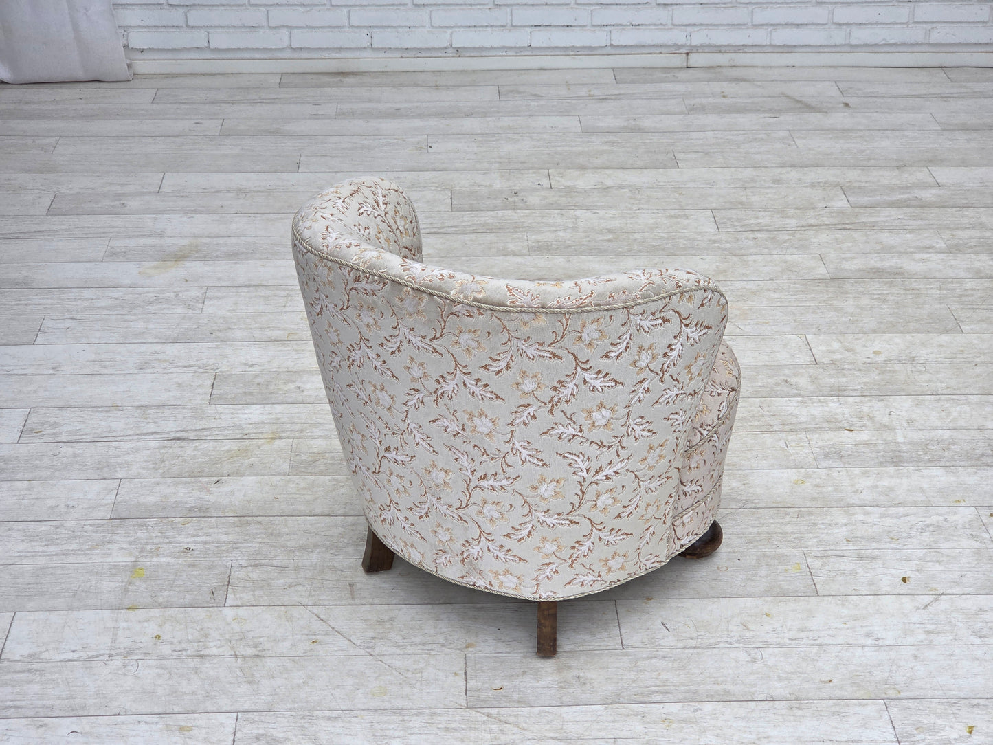1970s, Danish curved armchair, original light green/gray furniture velour.