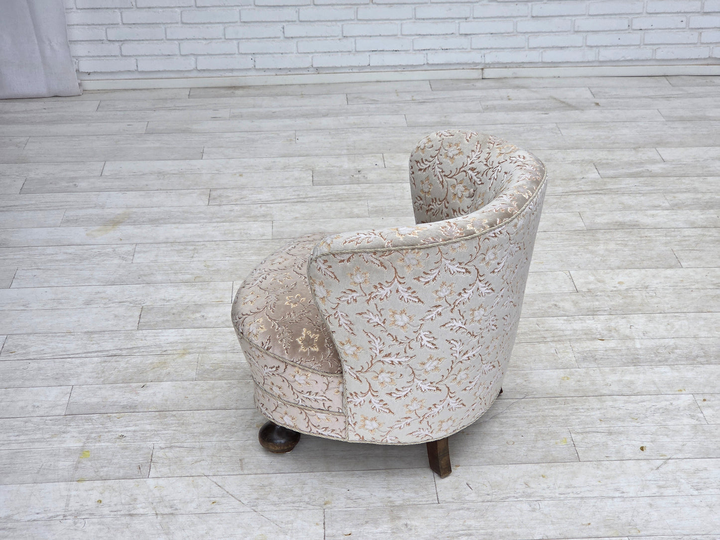 1970s, Danish curved armchair, original light green/gray furniture velour.