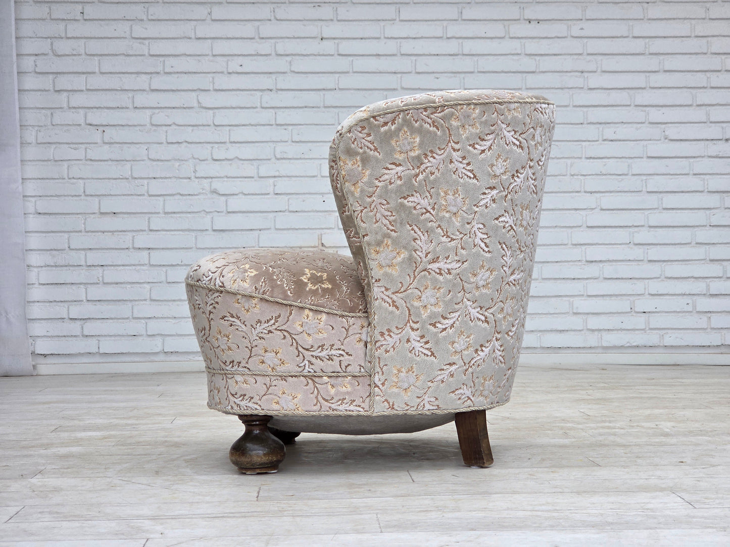 1970s, Danish curved armchair, original light green/gray furniture velour.