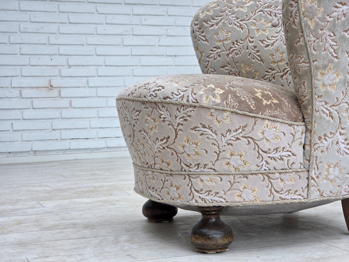 1970s, Danish curved armchair, original light green/gray furniture velour.