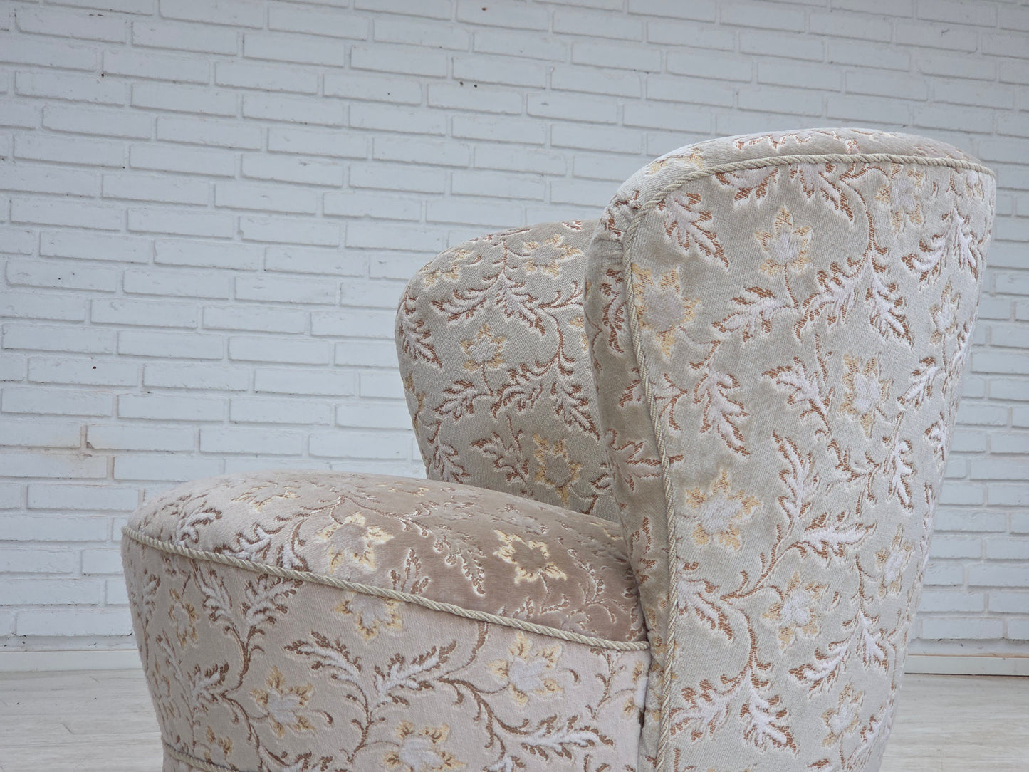 1970s, Danish curved armchair, original light green/gray furniture velour.