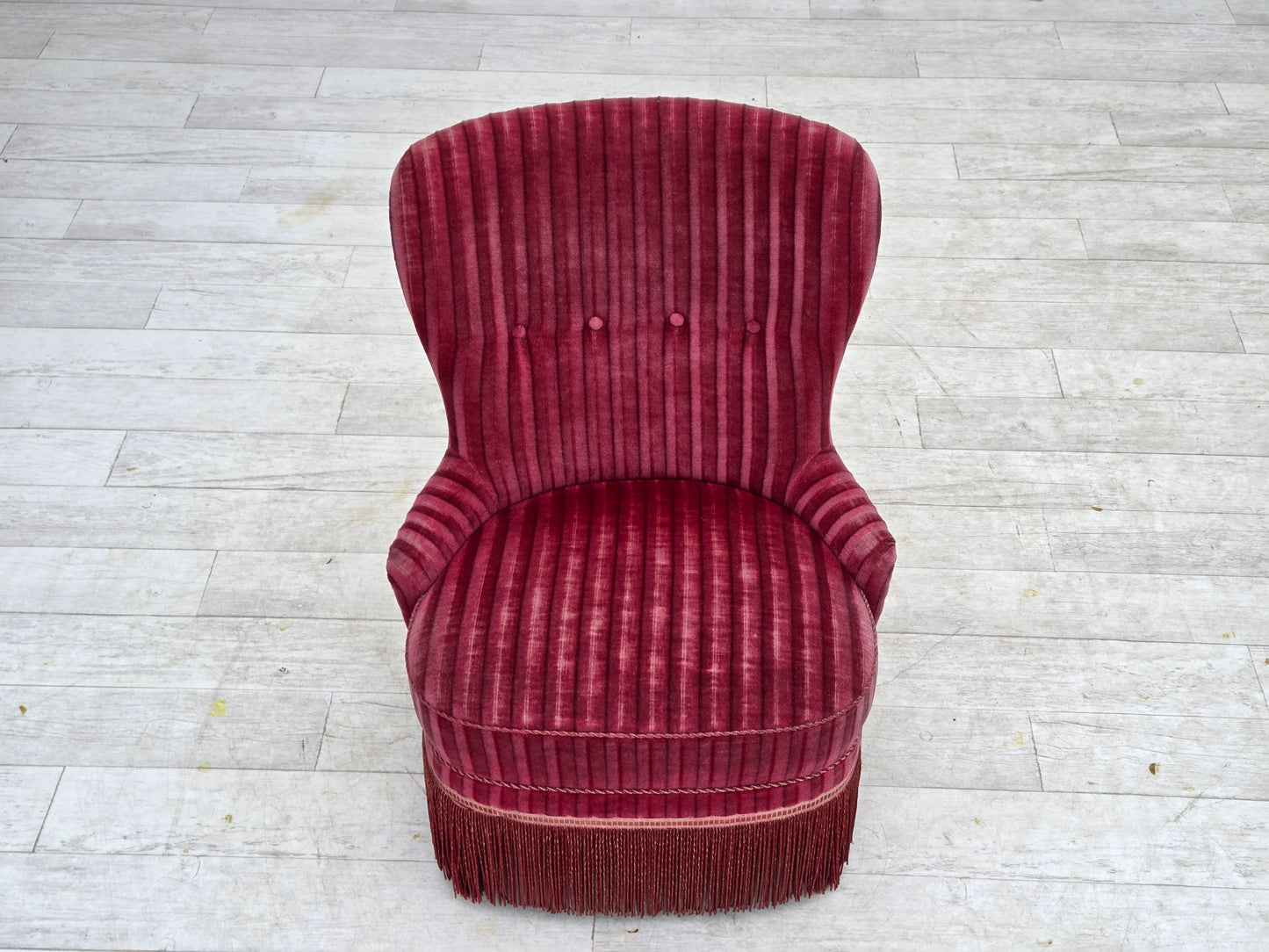 1960s, Danish armchair, original striped red furniture velour.