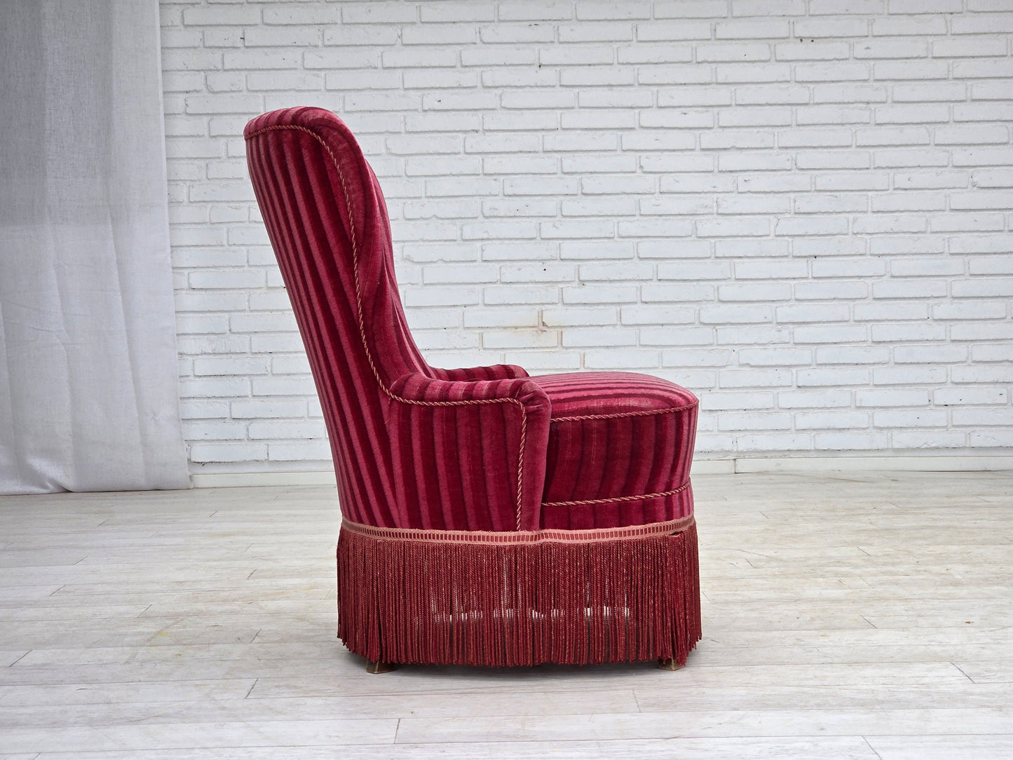 1960s, Danish armchair, original striped red furniture velour.