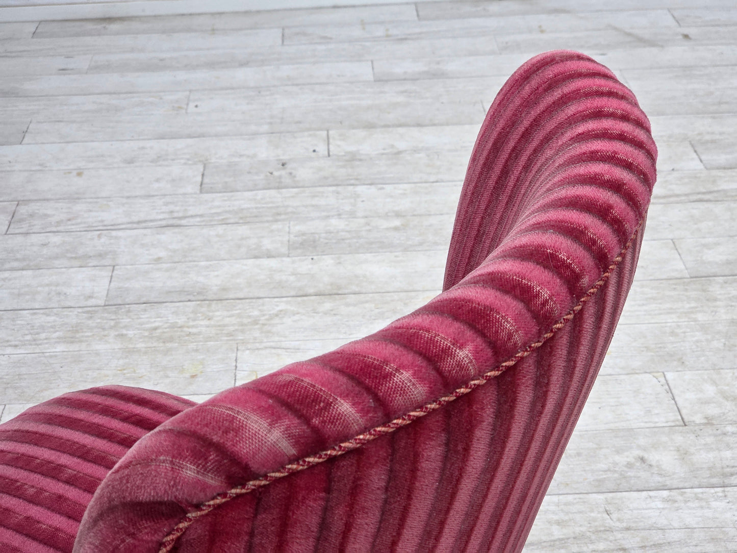 1960s, Danish armchair, original striped red furniture velour.
