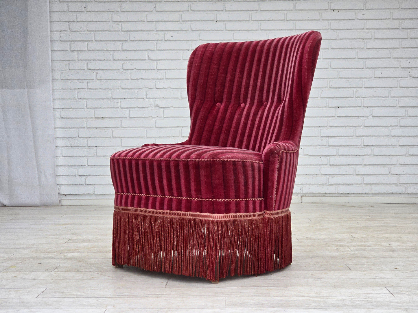 1960s, Danish armchair, original striped red furniture velour.