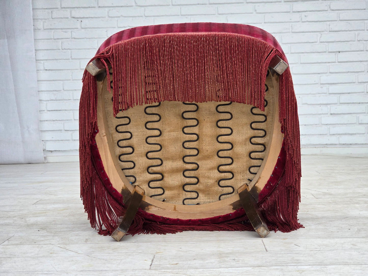 1960s, Danish armchair, original striped red furniture velour.